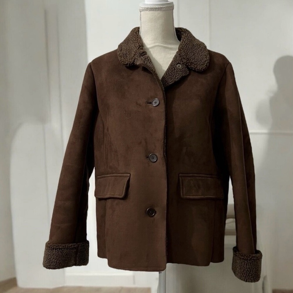 Lands' End Brown Rustic Faux Suede & Shearling Penny Lane Barn Jacket Large - Picture 2 of 8